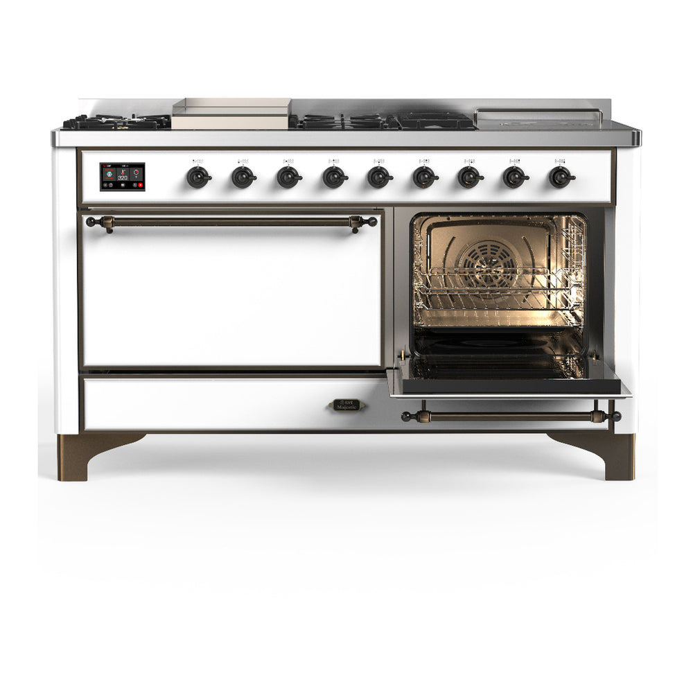 ILVE Majestic III 60" White Dual Fuel Range with 7 Burners, Griddle and French Top Solid Door Liquid Propane