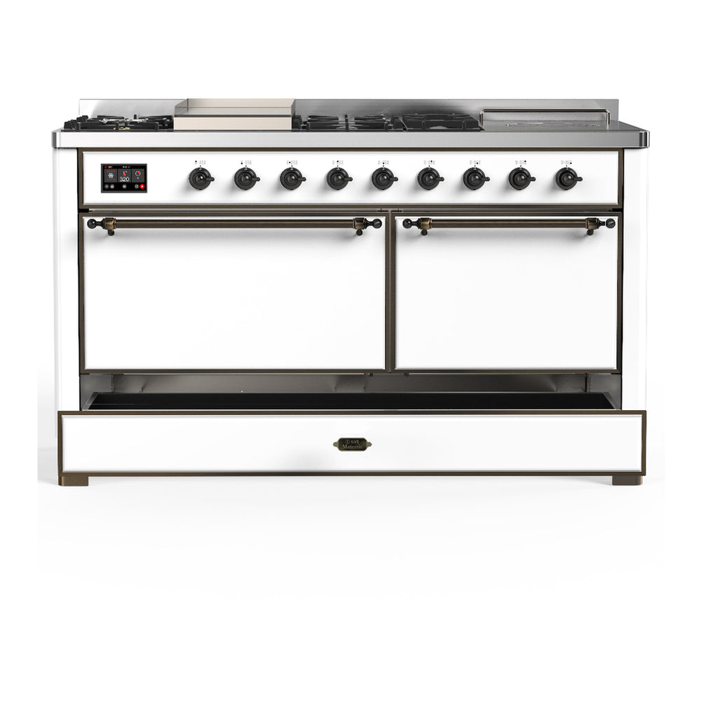 ILVE Majestic III 60" White Dual Fuel Range with 7 Burners, Griddle and French Top Solid Door Liquid Propane