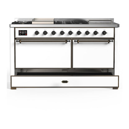 ILVE Majestic III 60" White Dual Fuel Range with 7 Burners, Griddle and French Top Solid Door Liquid Propane