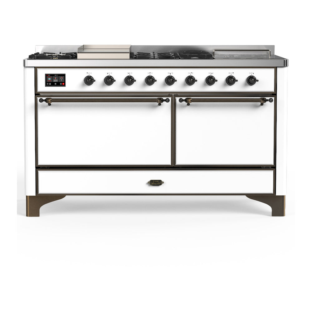 ILVE Majestic III 60" White Dual Fuel Range with 7 Burners, Griddle and French Top Solid Door Natural Gas