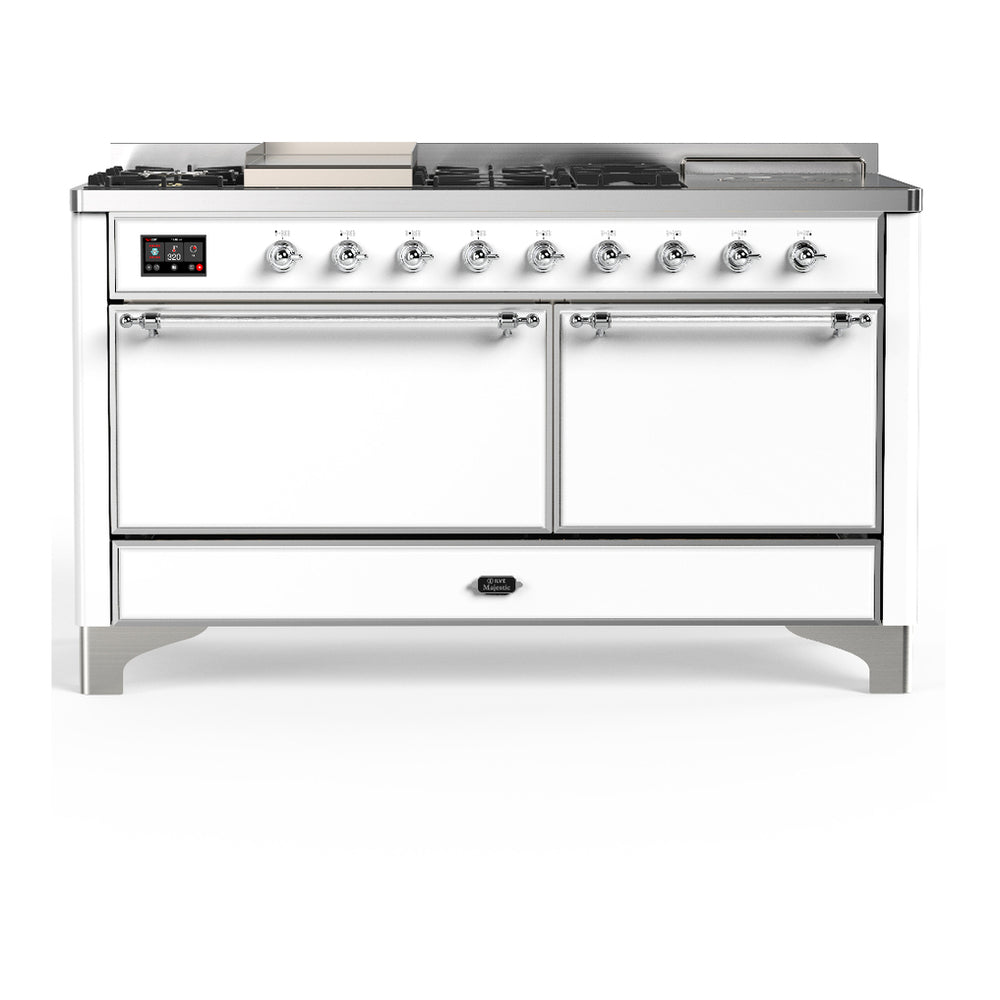 ILVE Majestic III 60" White Dual Fuel Range with 7 Burners, Griddle and French Top Solid Door Natural Gas