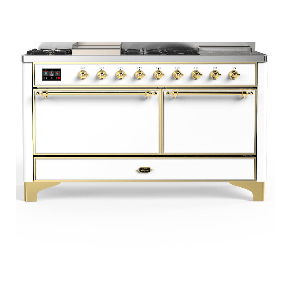 ILVE Majestic III 60" White Dual Fuel Range with 7 Burners, Griddle and French Top Solid Door Liquid Propane