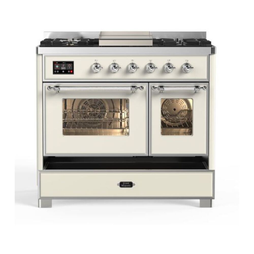 ILVE Majestic II 40 inch Triple Glass Door Natural Gas Dual Fuel Range Chrome Antique White