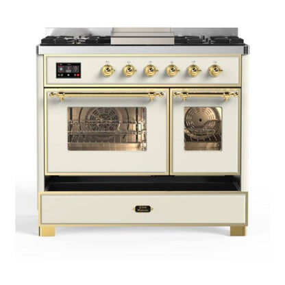 ILVE Majestic II 40 inch Triple Glass Door Natural Gas Dual Fuel Range Brass Antique White