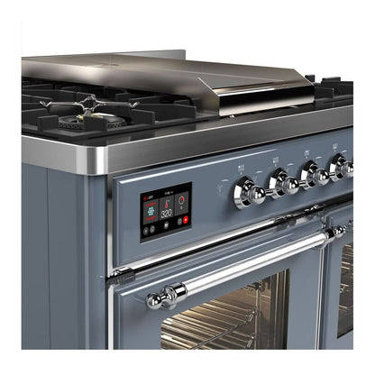 ILVE Majestic II 40 inch Triple Glass Door Natural Gas Dual Fuel Range Chrome Blue Grey