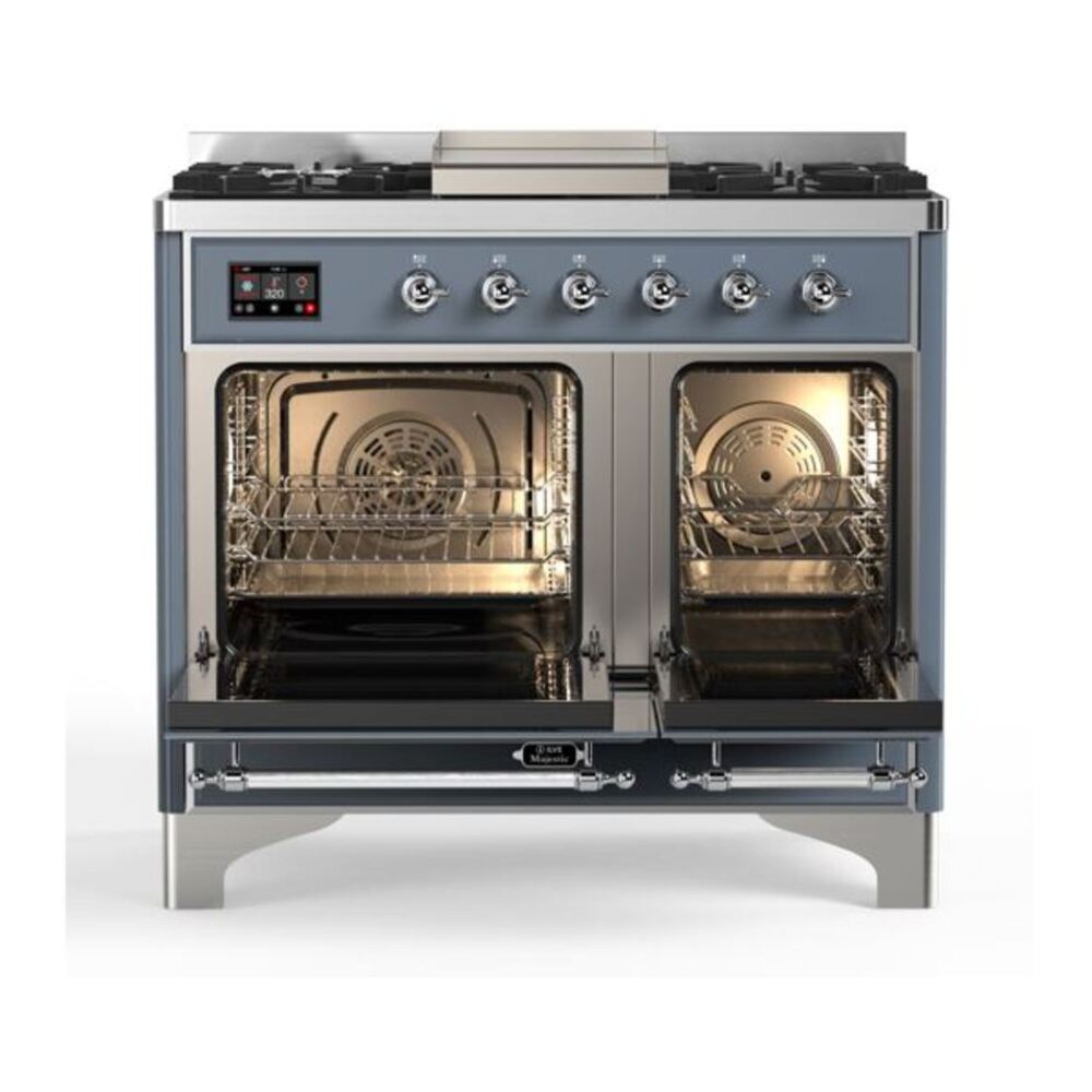 ILVE Majestic II 40 inch Triple Glass Door Natural Gas Dual Fuel Range Chrome Blue Grey