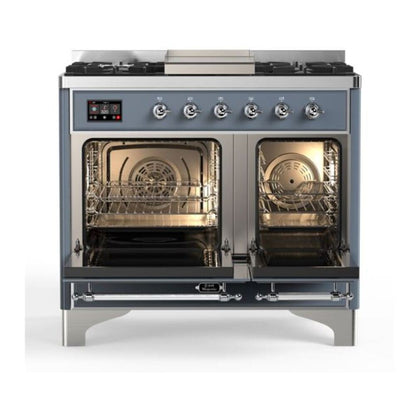 ILVE Majestic II 40 inch Triple Glass Door Natural Gas Dual Fuel Range Chrome Blue Grey