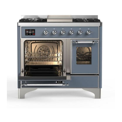 ILVE Majestic II 40 inch Triple Glass Door Natural Gas Dual Fuel Range Chrome Blue Grey