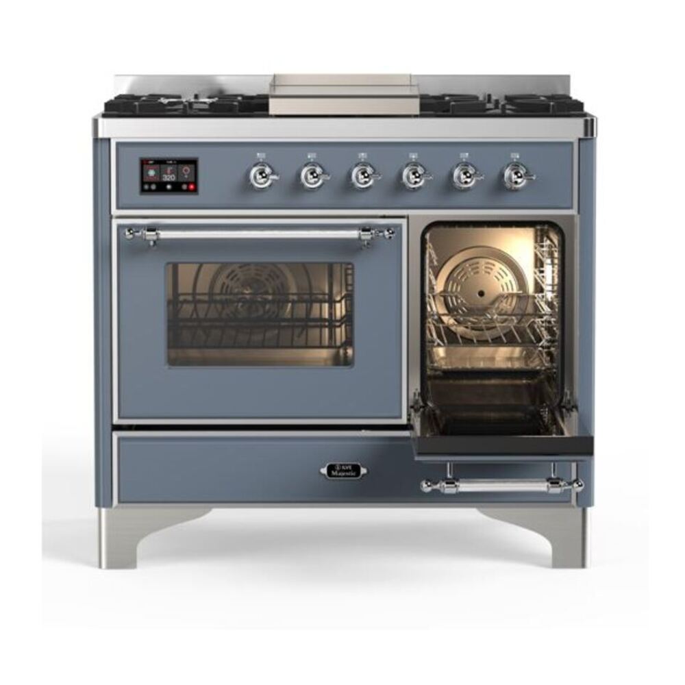 ILVE Majestic II 40 inch Triple Glass Door Natural Gas Dual Fuel Range Chrome Blue Grey