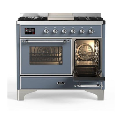 ILVE Majestic II 40 inch Triple Glass Door Natural Gas Dual Fuel Range Chrome Blue Grey