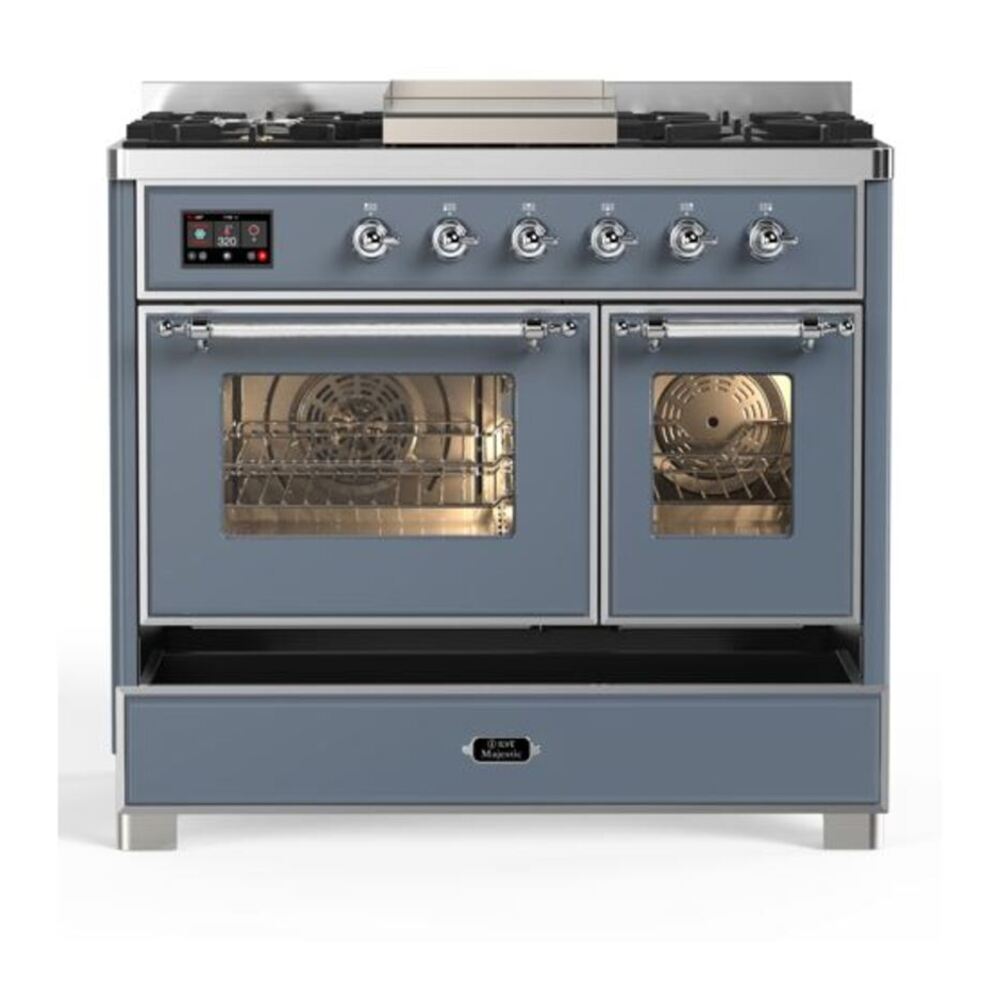 ILVE Majestic II 40 inch Triple Glass Door Natural Gas Dual Fuel Range Chrome Blue Grey