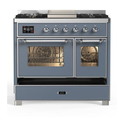 ILVE Majestic II 40 inch Triple Glass Door Natural Gas Dual Fuel Range Chrome Blue Grey