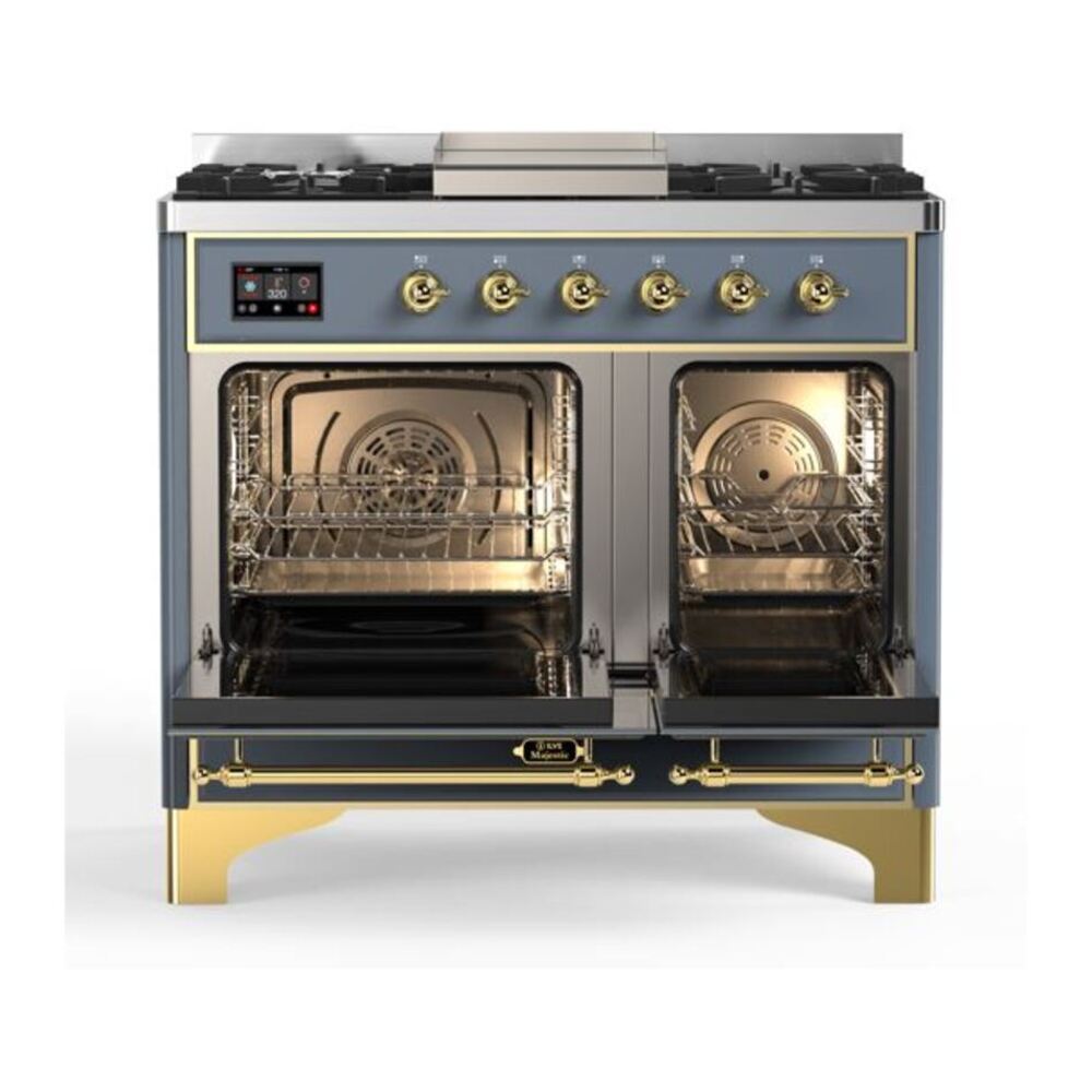 ILVE Majestic II 40 inch Triple Glass Door Natural Gas Dual Fuel Range Brass Blue Grey