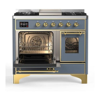ILVE Majestic II 40 inch Triple Glass Door Natural Gas Dual Fuel Range Brass Blue Grey