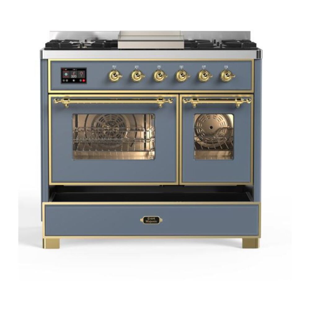 ILVE Majestic II 40 inch Triple Glass Door Natural Gas Dual Fuel Range Brass Blue Grey
