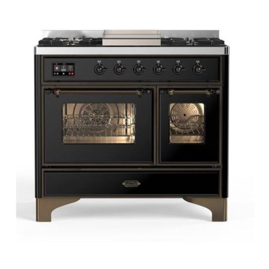 ILVE Majestic II 40" Glossy Black Dual Fuel Range with 6 Burners and Griddle Triple Glass Door Natural Gas