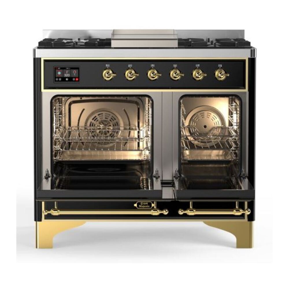 ILVE Majestic II 40 inch Triple Glass Door Natural Gas Dual Fuel Range Brass Glossy Black
