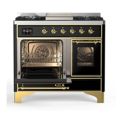 ILVE Majestic II 40 inch Triple Glass Door Natural Gas Dual Fuel Range Brass Glossy Black