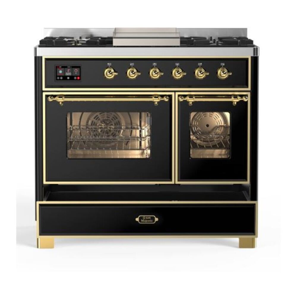 ILVE Majestic II 40 inch Triple Glass Door Natural Gas Dual Fuel Range Brass Glossy Black