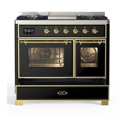 ILVE Majestic II 40 inch Triple Glass Door Natural Gas Dual Fuel Range Brass Glossy Black