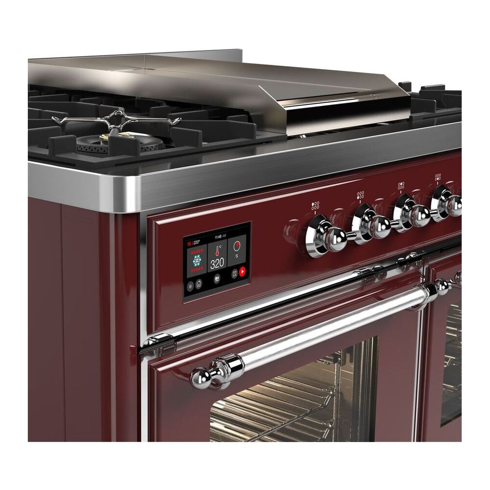 ILVE Majestic II 40 inch Triple Glass Door Natural Gas Dual Fuel Range Chrome Burgundy