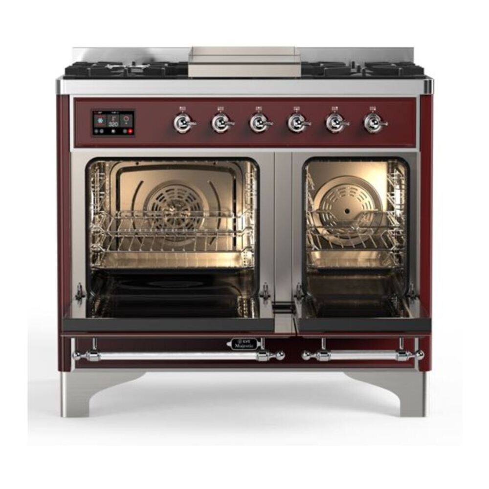 ILVE Majestic II 40 inch Triple Glass Door Natural Gas Dual Fuel Range Chrome Burgundy