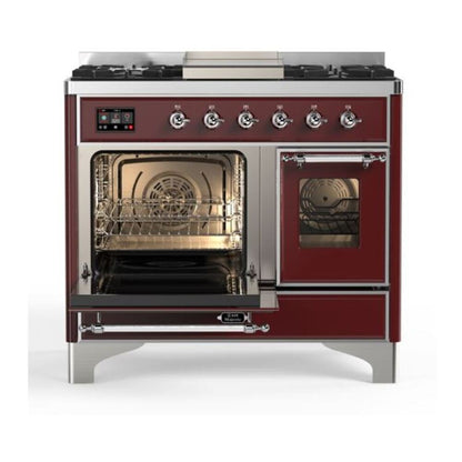ILVE Majestic II 40 inch Triple Glass Door Natural Gas Dual Fuel Range Chrome Burgundy