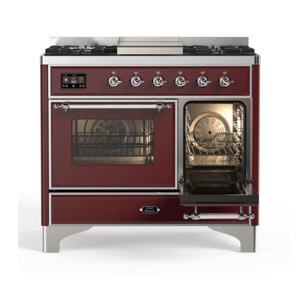 ILVE Majestic II 40 inch Triple Glass Door Natural Gas Dual Fuel Range Chrome Burgundy