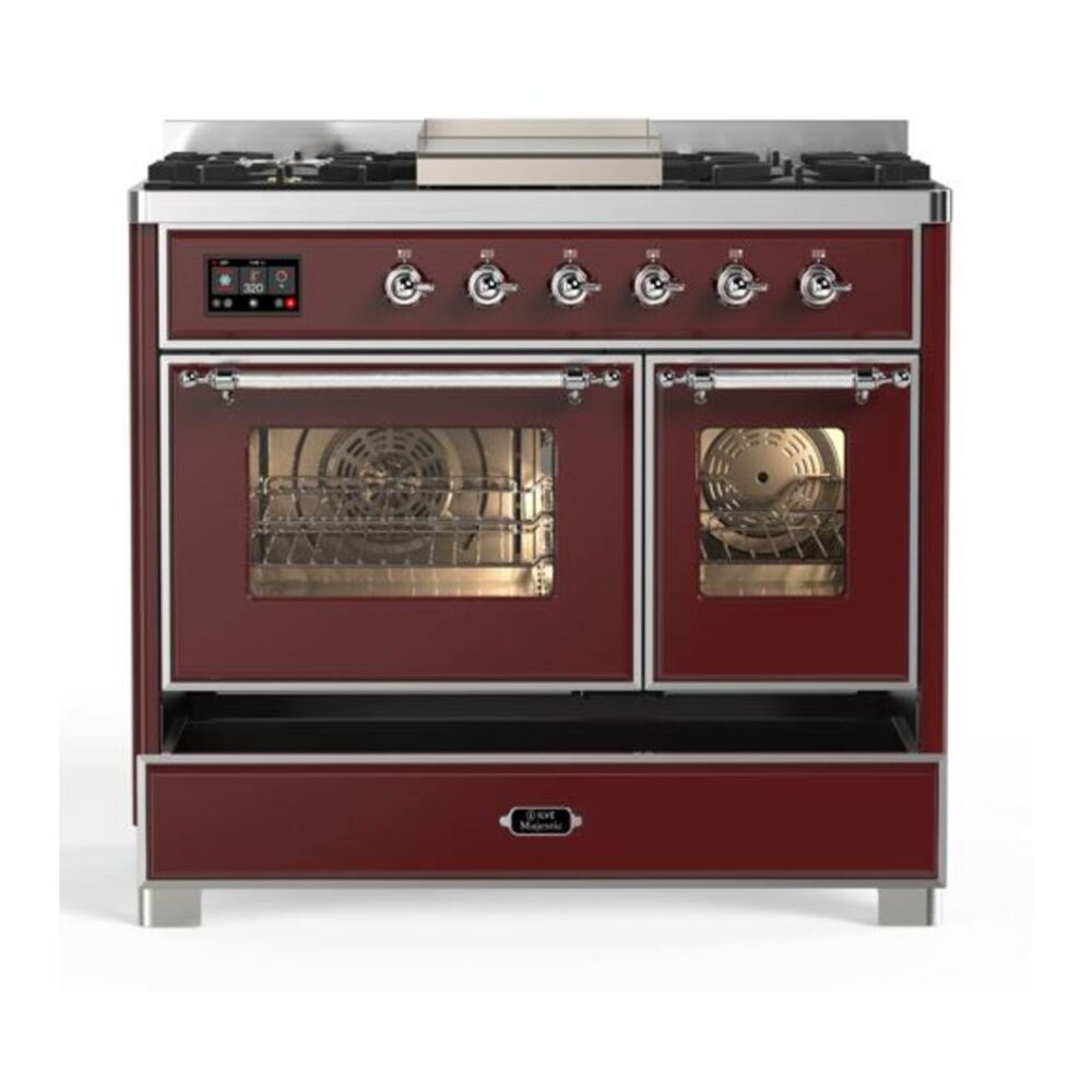 ILVE Majestic II 40 inch Triple Glass Door Natural Gas Dual Fuel Range Chrome Burgundy