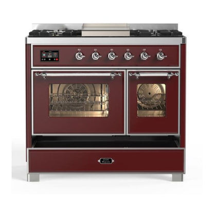 ILVE Majestic II 40 inch Triple Glass Door Natural Gas Dual Fuel Range Chrome Burgundy