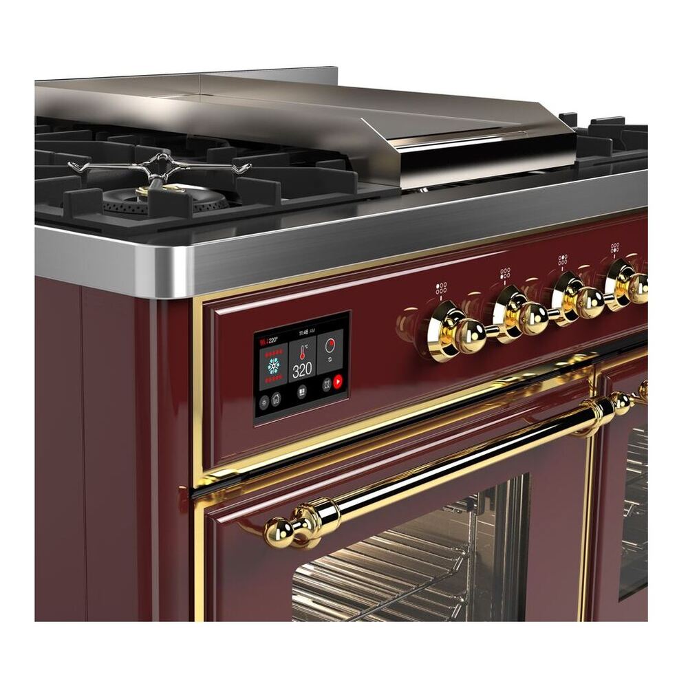 ILVE Majestic II 40 inch Triple Glass Door Natural Gas Dual Fuel Range Brass Burgundy