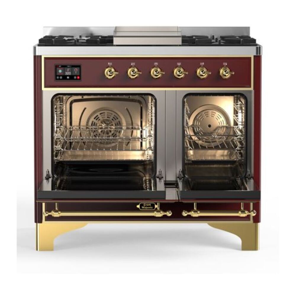 ILVE Majestic II 40 inch Triple Glass Door Natural Gas Dual Fuel Range Brass Burgundy