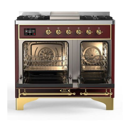 ILVE Majestic II 40 inch Triple Glass Door Natural Gas Dual Fuel Range Brass Burgundy