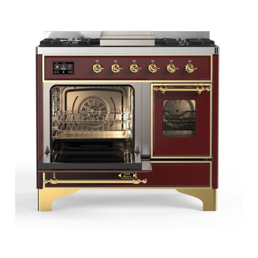 ILVE Majestic II 40 inch Triple Glass Door Natural Gas Dual Fuel Range Brass Burgundy