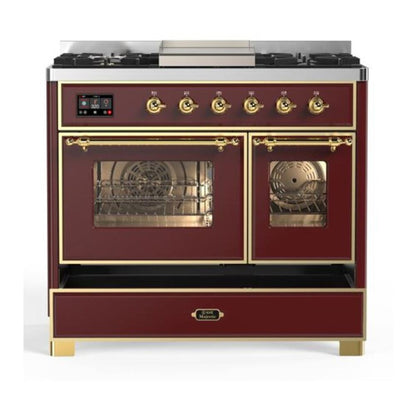 ILVE Majestic II 40 inch Triple Glass Door Natural Gas Dual Fuel Range Brass Burgundy