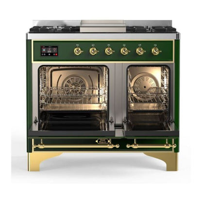 ILVE Majestic II 40 inch Triple Glass Door Natural Gas Dual Fuel Range Brass Emerald Green