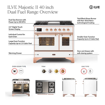 ILVE Majestic II 40" Stainless Steel Dual Fuel Range with 6 Burners and Griddle Triple Glass Door Liquid Propane
