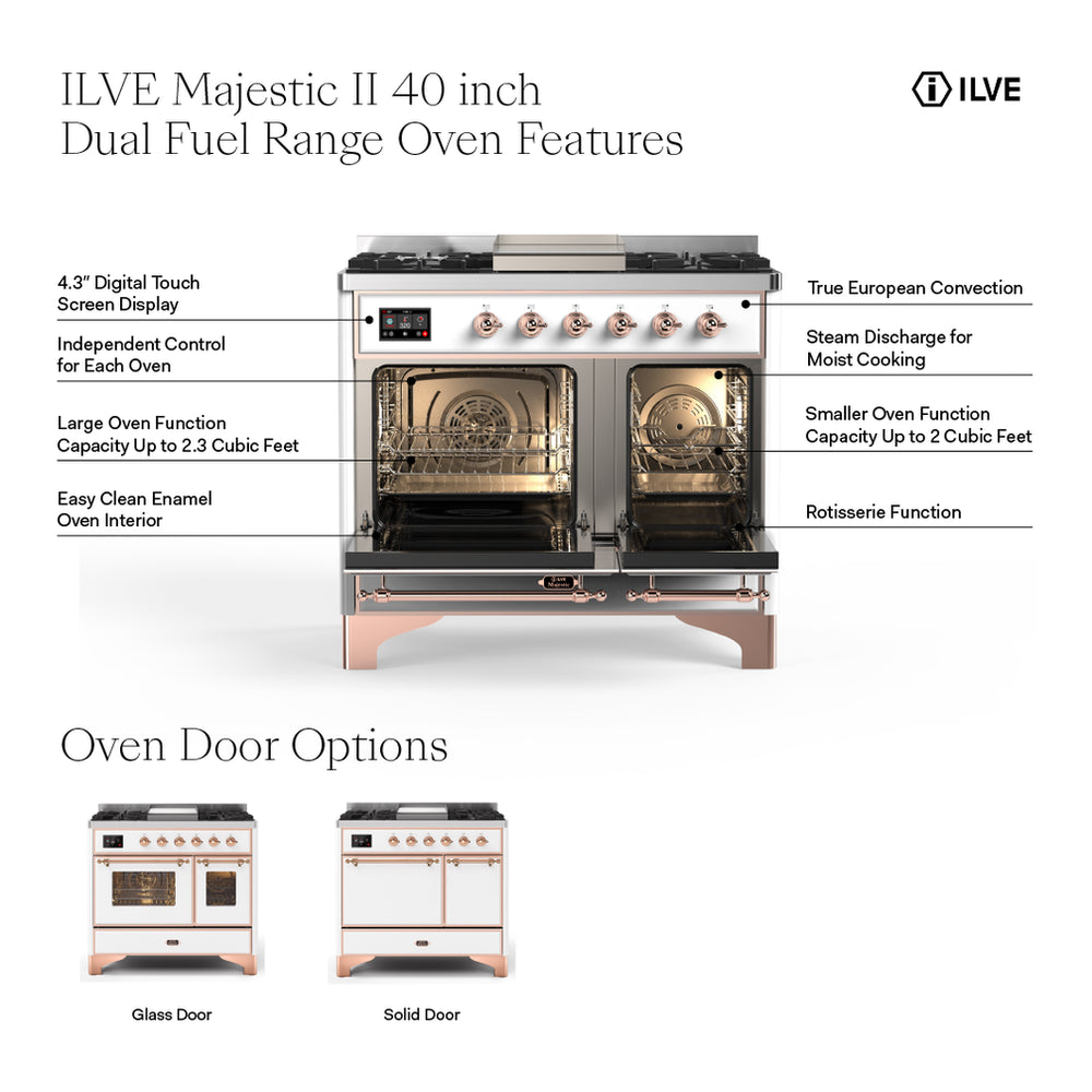 ILVE Majestic II 40" Stainless Steel Dual Fuel Range with 6 Burners and Griddle Triple Glass Door Liquid Propane