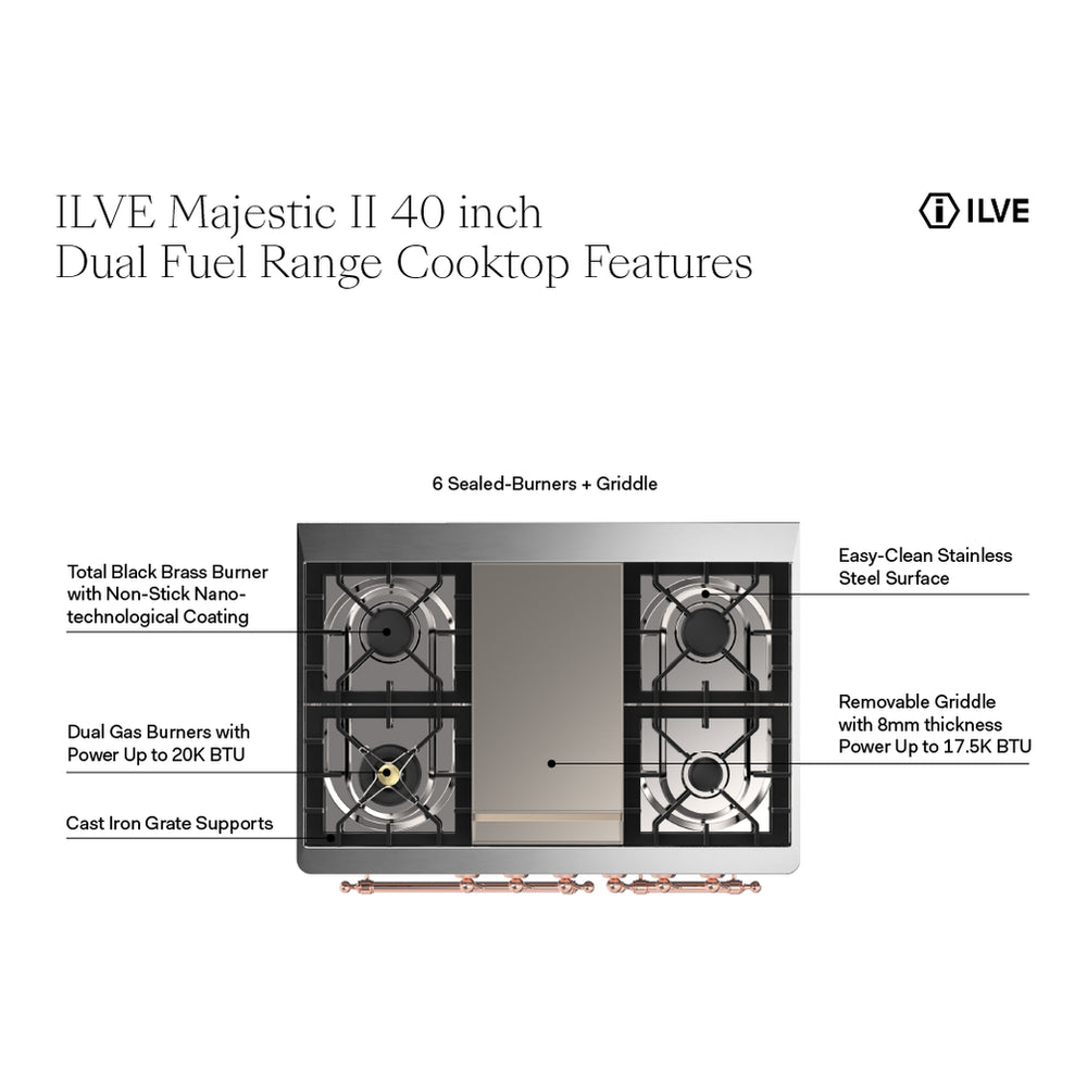 ILVE Majestic II 40" Stainless Steel Dual Fuel Range with 6 Burners and Griddle Triple Glass Door Liquid Propane