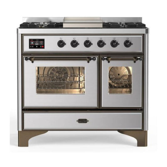 ILVE Majestic II 40" Stainless Steel Dual Fuel Range with 6 Burners and Griddle Triple Glass Door Natural Gas