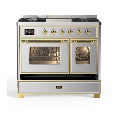 ILVE Majestic II 40 inch Triple Glass Door Natural Gas Dual Fuel Range Brass Stainless Steel