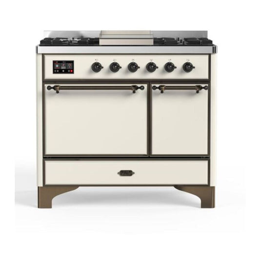 ILVE Majestic II 40" Antique White Dual Fuel Range with 6 Burners and Griddle Solid Door Natural Gas