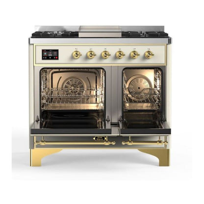 ILVE Majestic II 40 inch Solid Door Natural Gas Dual Fuel Range Brass Antique White