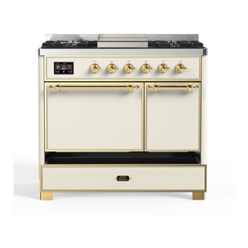 ILVE Majestic II 40 inch Solid Door Natural Gas Dual Fuel Range Brass Antique White