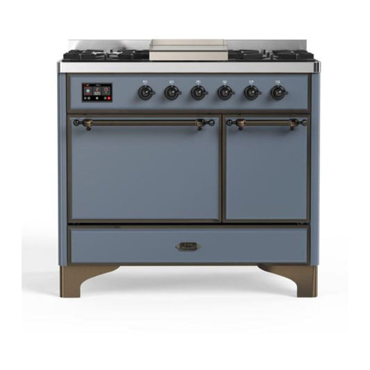 ILVE Majestic II 40" Blue Grey Dual Fuel Range with 6 Burners and Griddle Solid Door Natural Gas