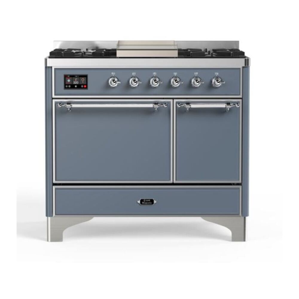 ILVE Majestic II 40 inch Solid Door Natural Gas Dual Fuel Range Chrome Blue Grey