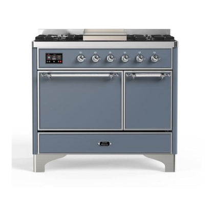 ILVE Majestic II 40 inch Solid Door Natural Gas Dual Fuel Range Chrome Blue Grey