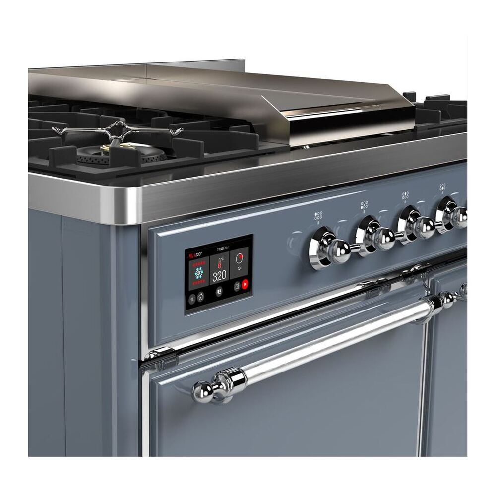 ILVE Majestic II 40 inch Solid Door Natural Gas Dual Fuel Range Chrome Blue Grey