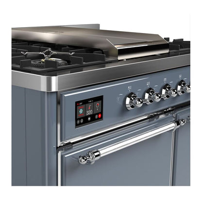 ILVE Majestic II 40 inch Solid Door Natural Gas Dual Fuel Range Chrome Blue Grey