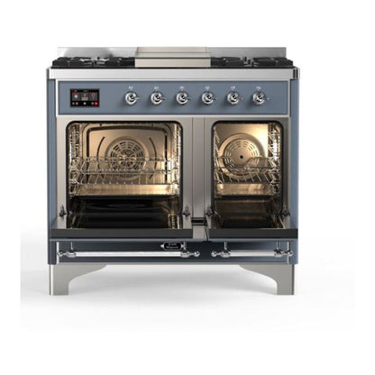 ILVE Majestic II 40 inch Solid Door Natural Gas Dual Fuel Range Chrome Blue Grey